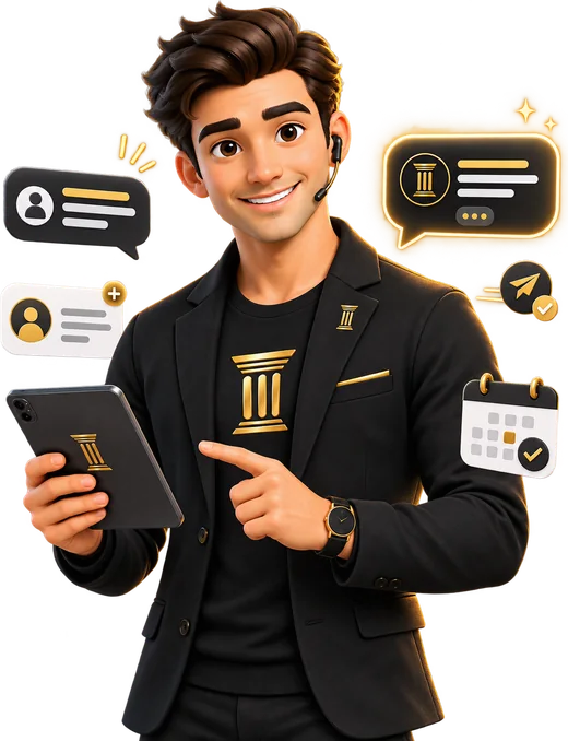 O assistente da Lexio com fone e tablet, cercado por mensagens, agendamento e cadastro de cliente.