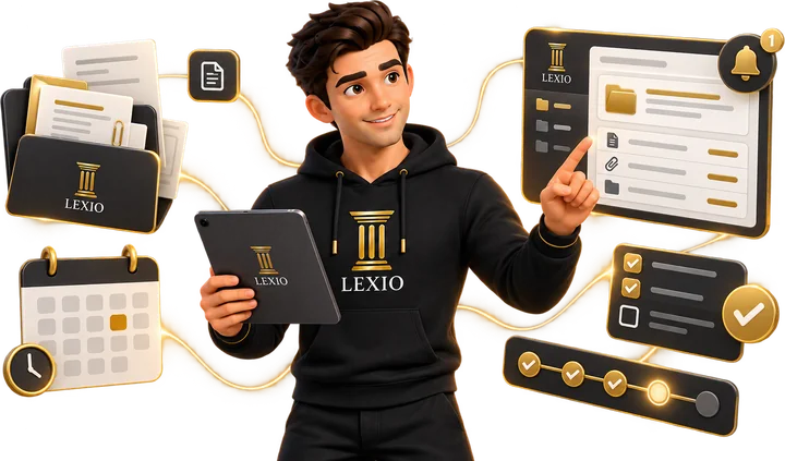 O assistente da Lexio conduzindo pastas, agenda e lista de tarefas ligadas em um mesmo fluxo.